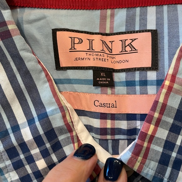 Men's Thomas Pink blue, red, yellow striped button down shirt, size xl - Picture 3 of 5
